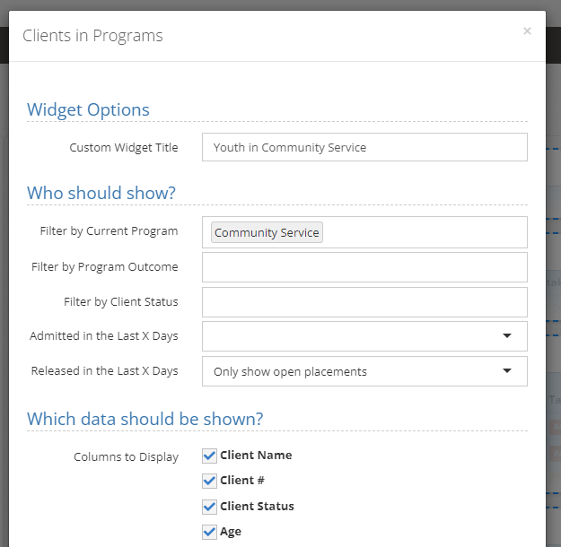 Clients in Programs widget options