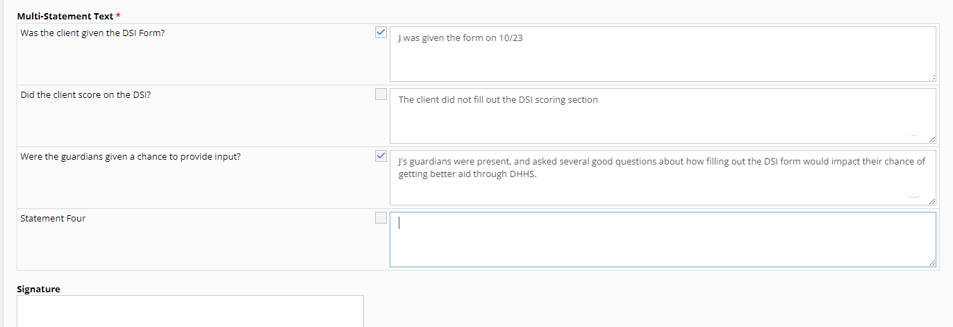 New multi-statement text with checkboxes on a form