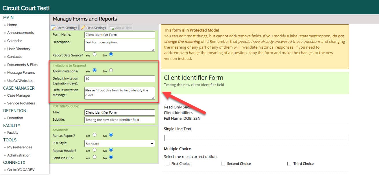 Under the form name, a new section has been added for enabling the external filing of forms