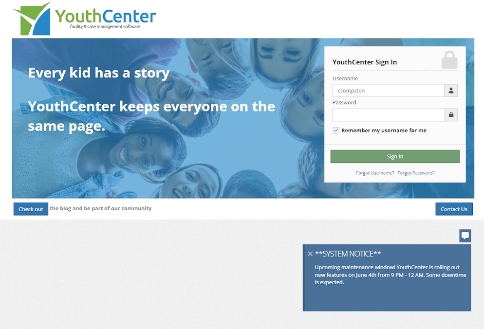 YouthCenter System Announcement Example