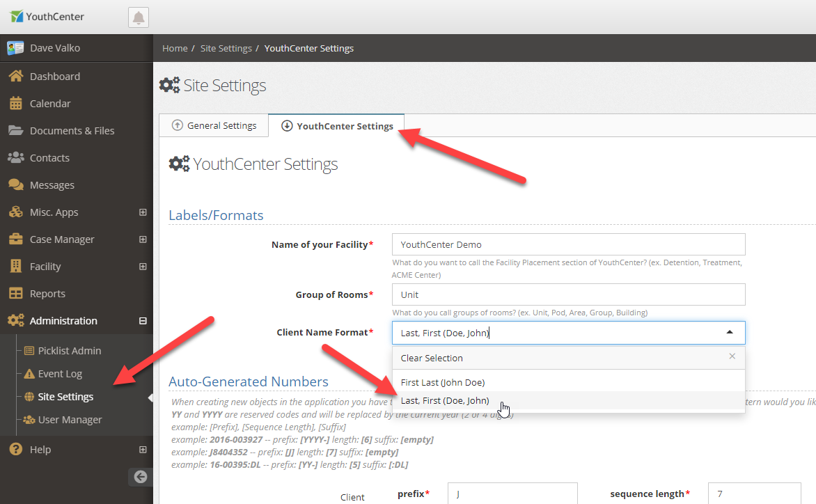 YouthCenter Client Name Format settings