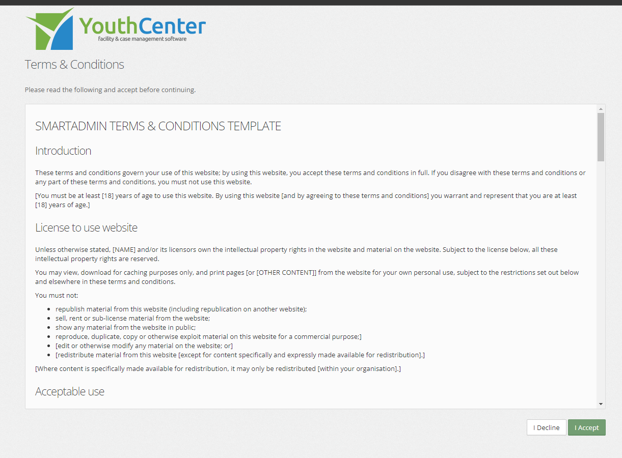 Sample end user license agreement for YouthCenter usage