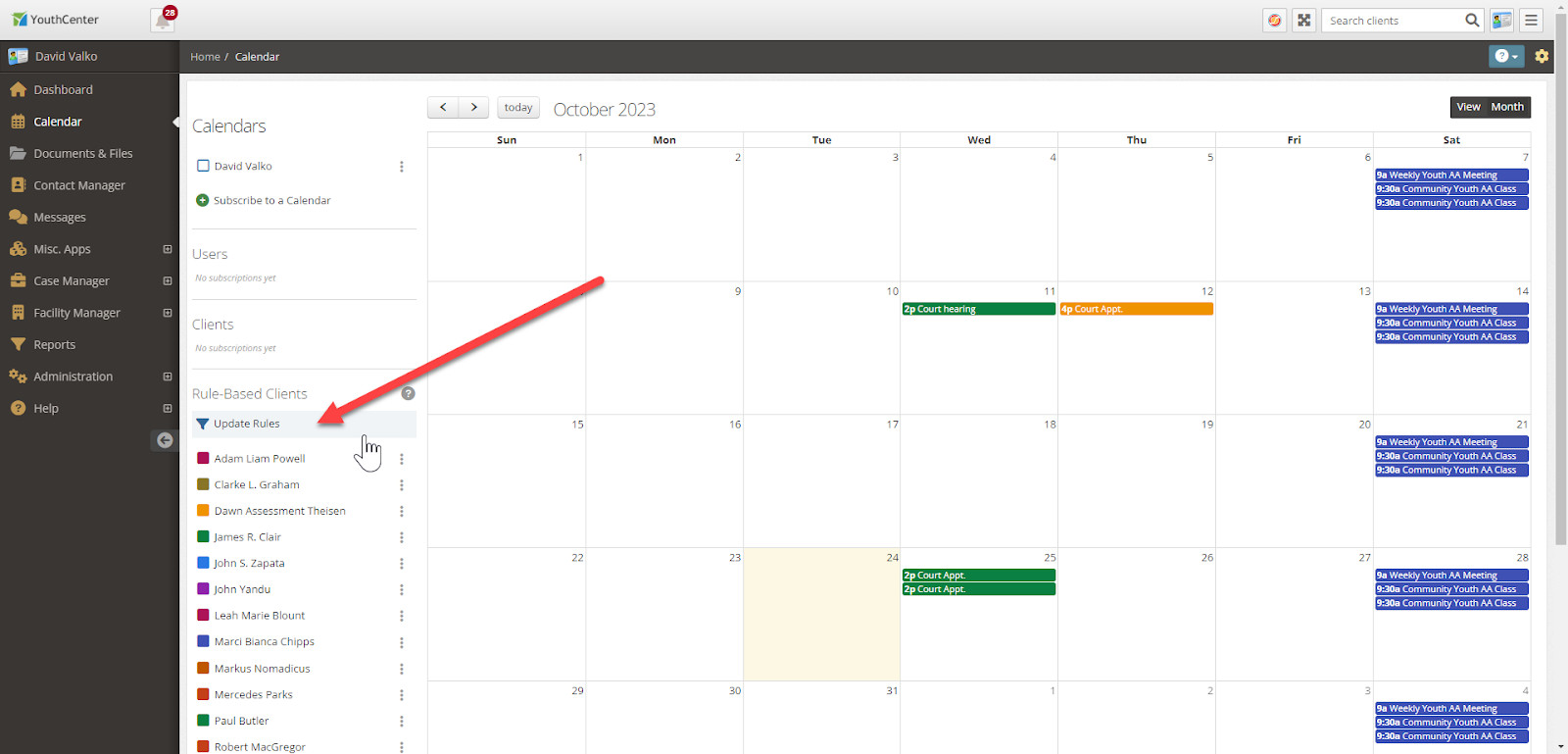 YouthCenter Calendar with Filtering