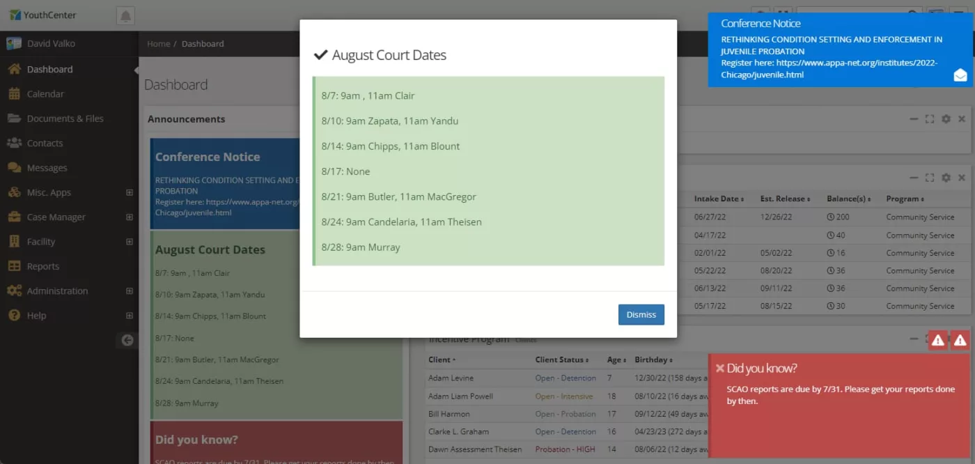 YouthCenter Dashboard with Announcements Displayed