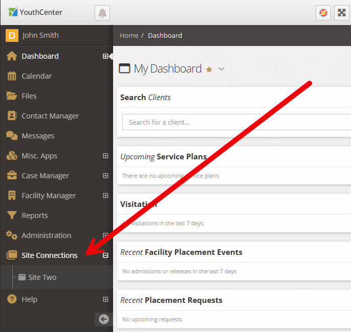 Site Connections menu item with a connected site listed.